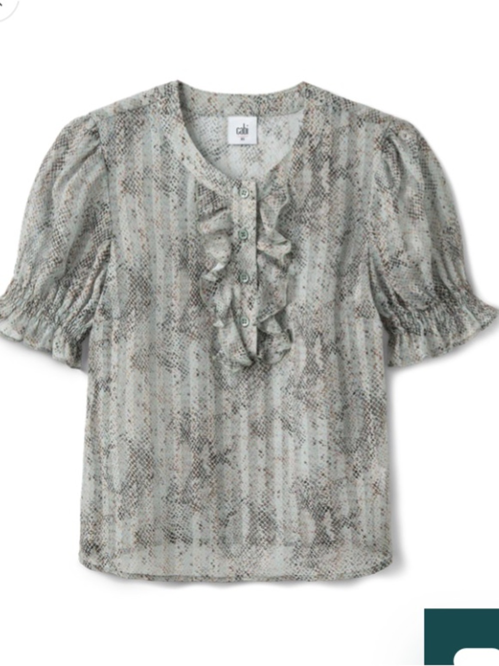 CAbi Ethereal Snake-Print Ruffle Front Puff-Sleeve Blouse
